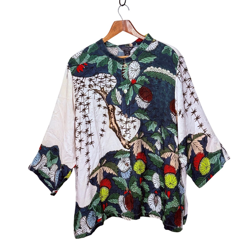 Citron Button Down Top Womens 3X Silk Blend Floral Japanese Print Kimono Top